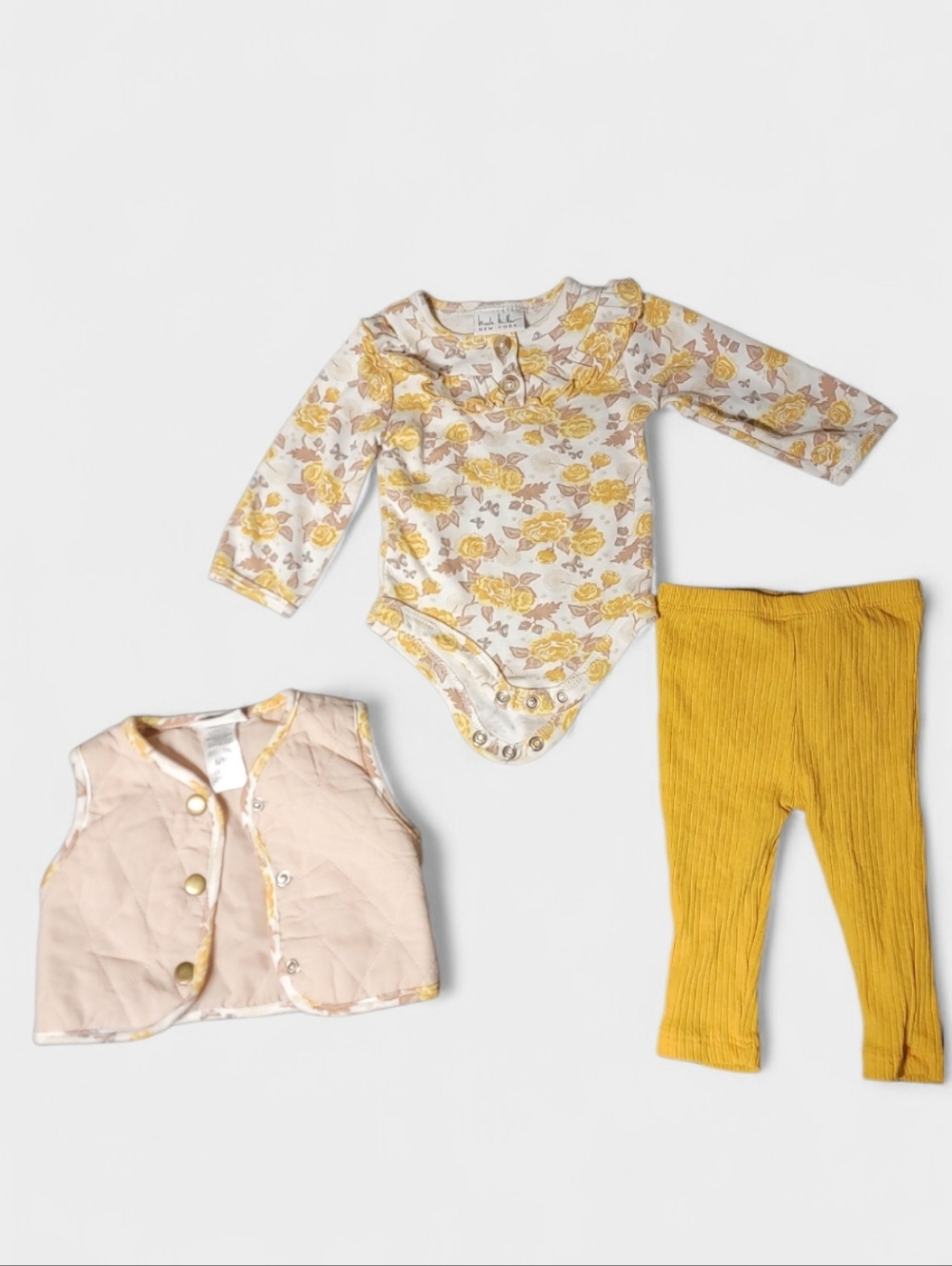 Baby Floral Outfit Set – Mustard Yellow Pants + Bodysuit + Vest (3pc) 6-9 Months